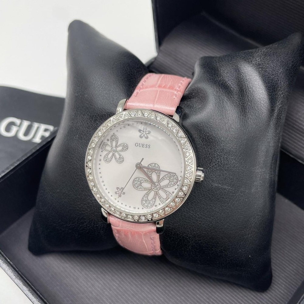 GUESS Silver-Tone Watch with Pink Leather Strap and Crystal Floral Dial